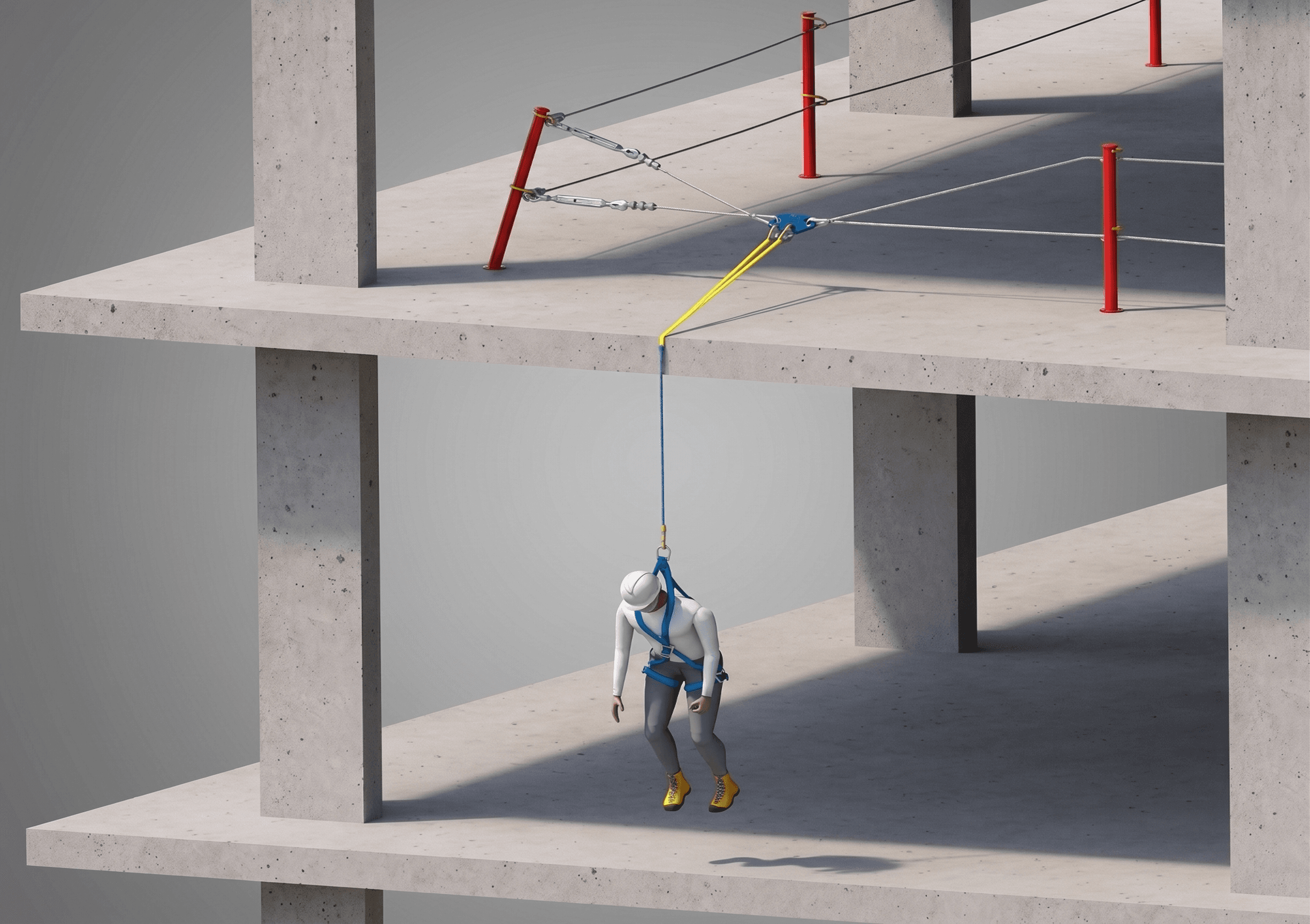 Worker's fall arrested by a Metro Safety Rail energy-absorbing horizontal lifeline at a concrete leading edge.