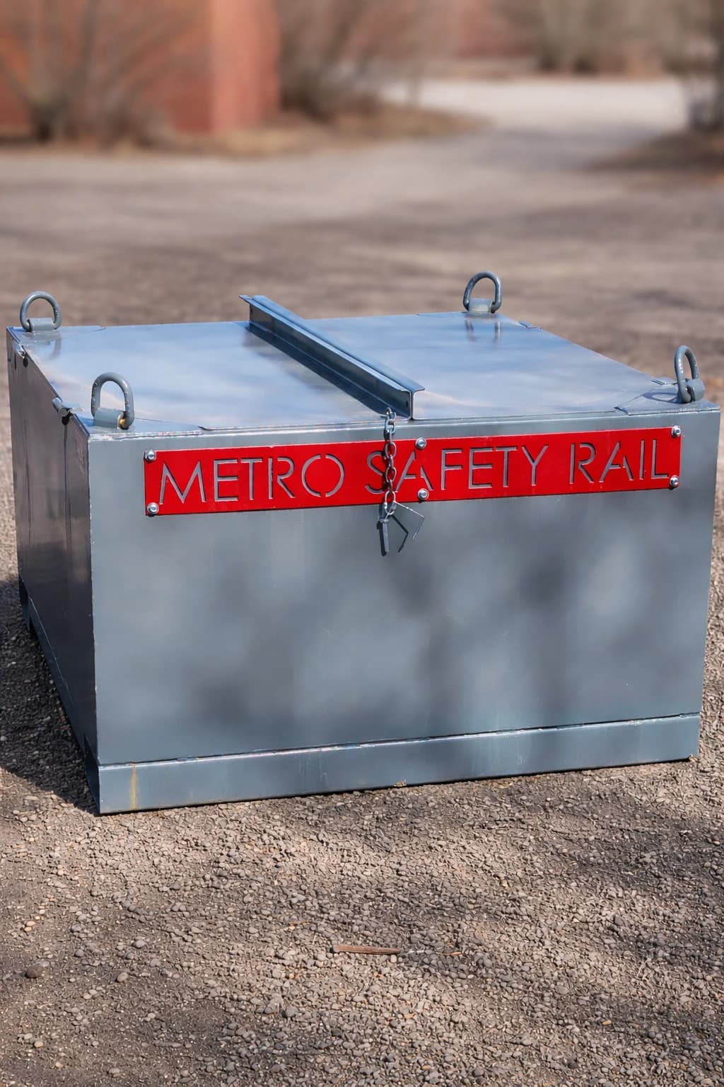 Metro Safety Rail guardrail stanchions and hardware staged upright, ready for delivery to site.