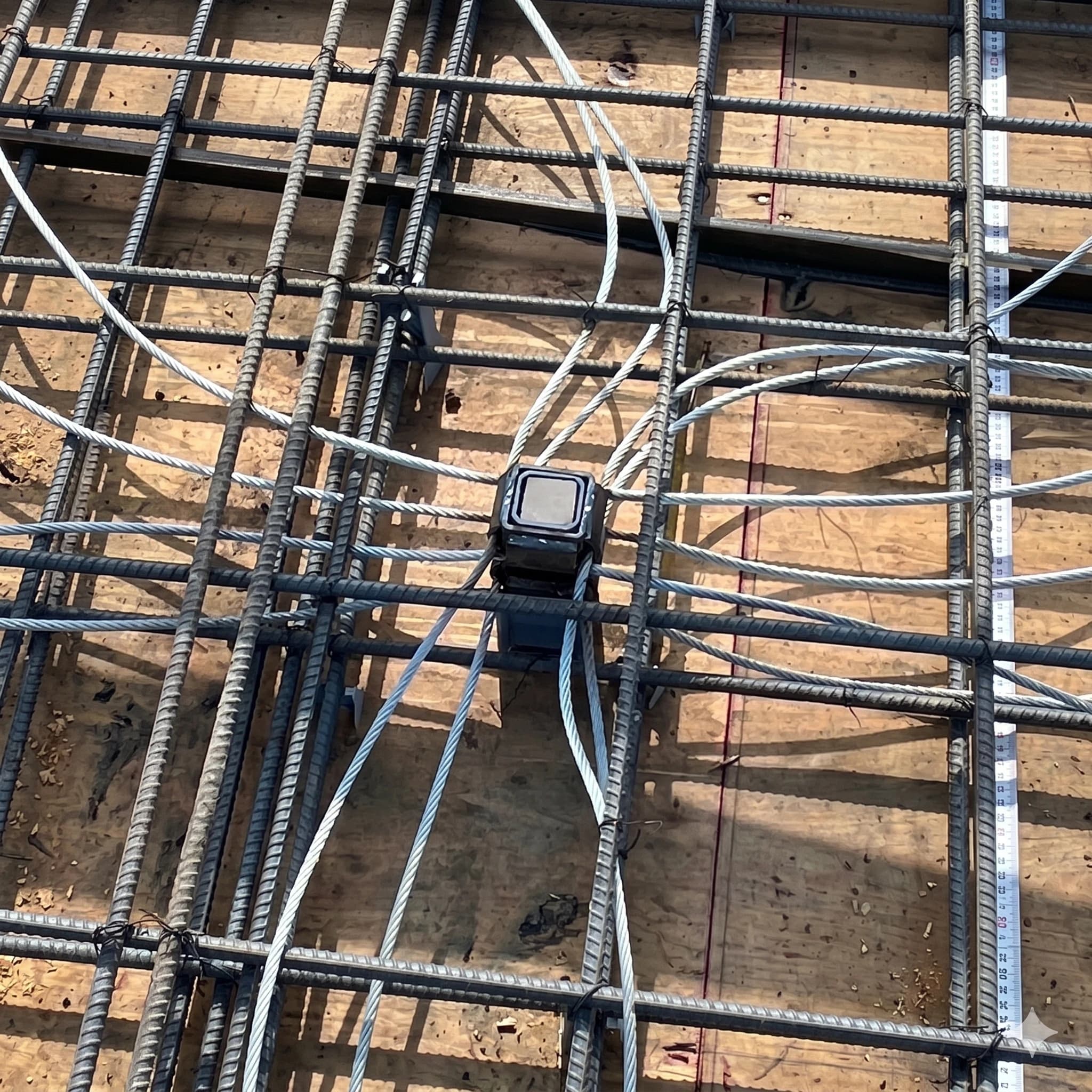 Cast-in lifeline anchor with steel cables radiating across the rebar grid before the pour