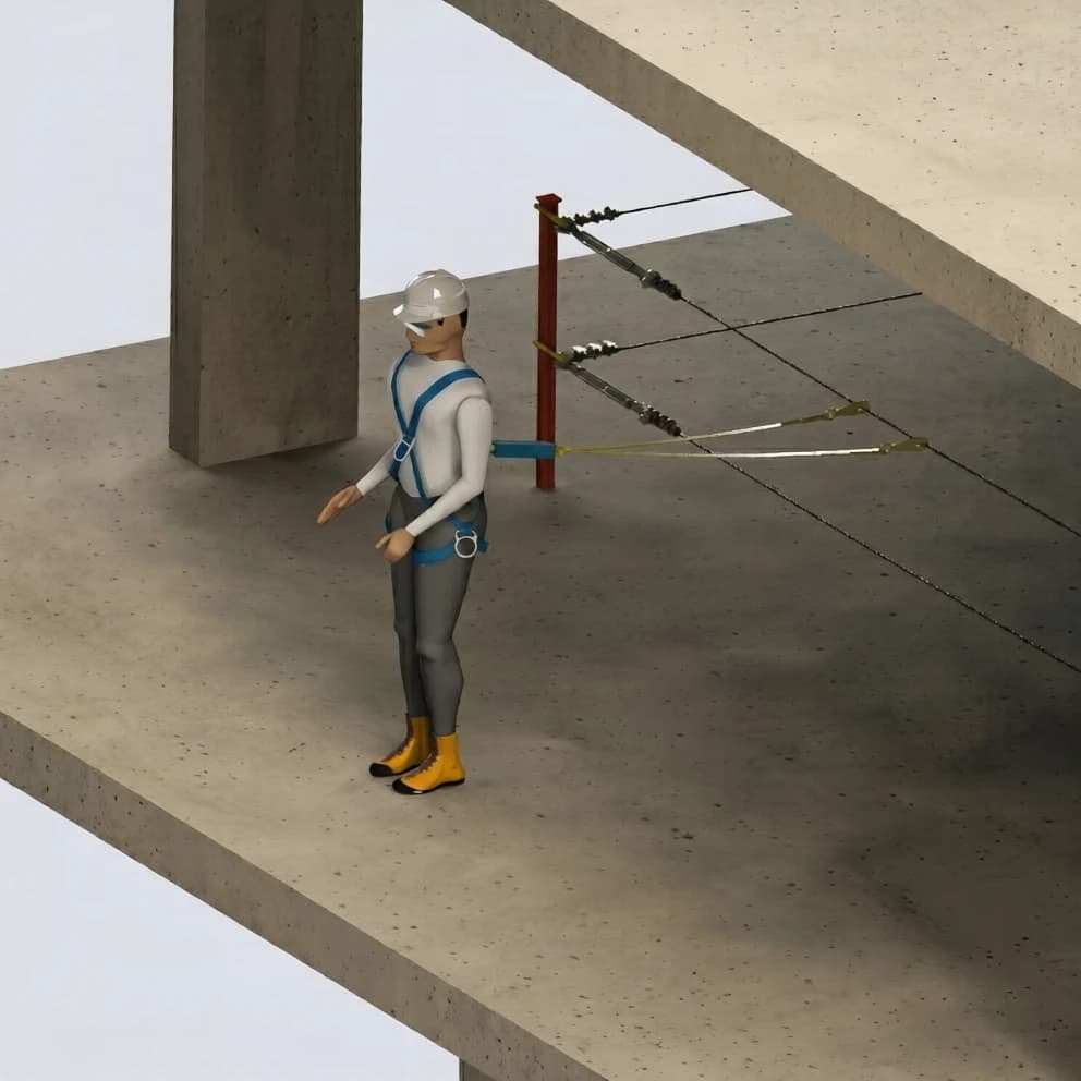 Worker in a full-body harness tethered to a Metro Safety Rail horizontal lifeline, restrained from reaching the slab edge.
